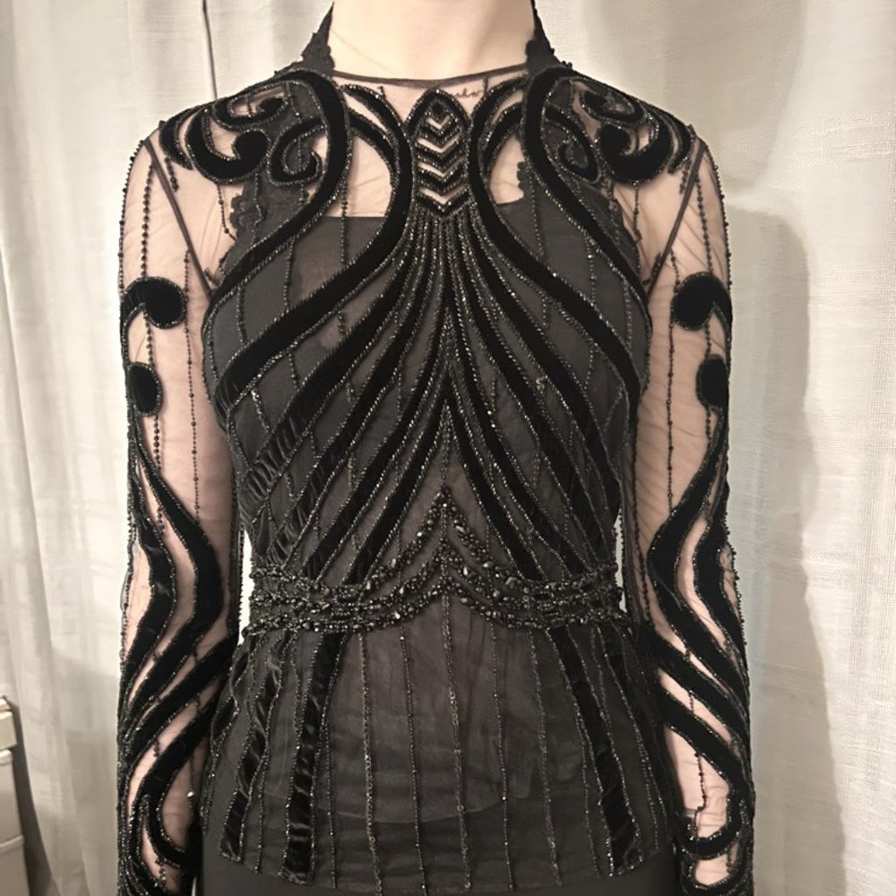 Ralph Lauren, Purple Label, Crystal, Beaded, Sheer, Velvet Top Size 2